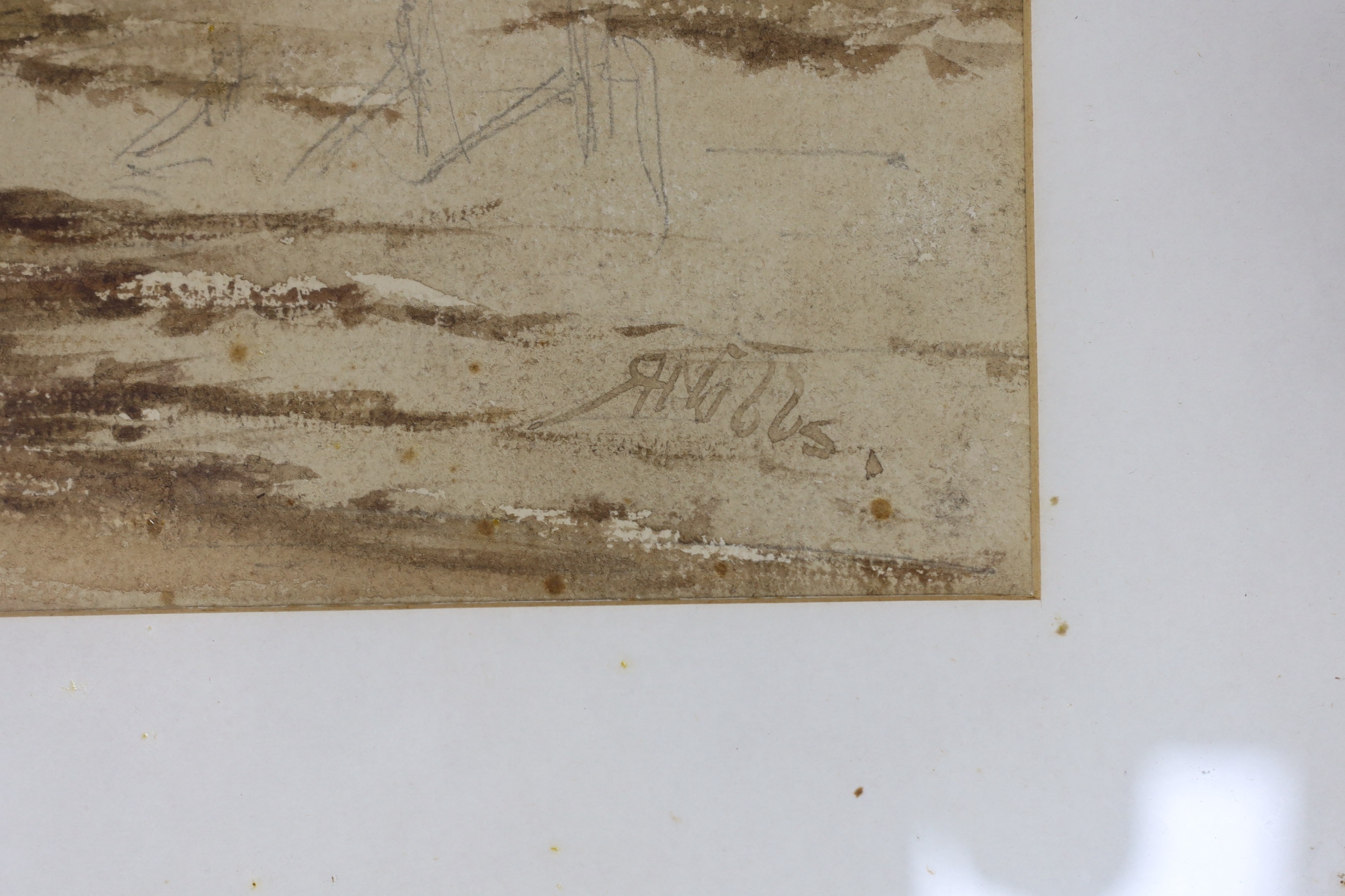 Richard Henry Nibbs (1816-1893), watercolour, Estuary at low tide with church in the distance, signed, 35 x 77cm